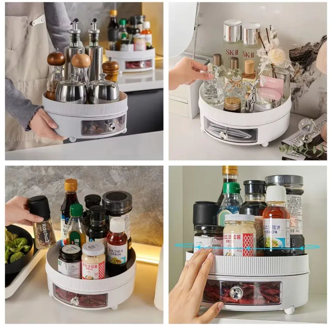 360° Rotation Spice Rack, Large Capacity Cosmetic Storage Tray