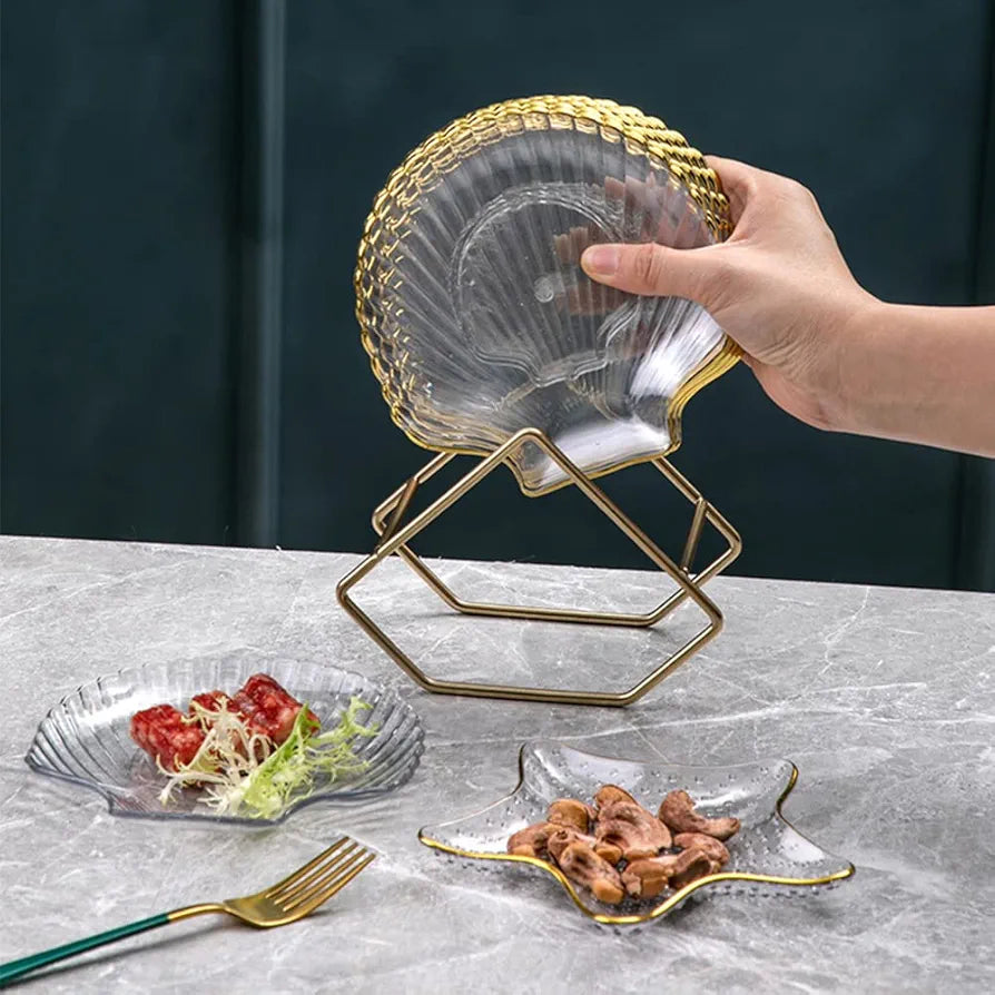 Acrylic Sea Shell Shape Plate Set With Metal Stand 8pcs