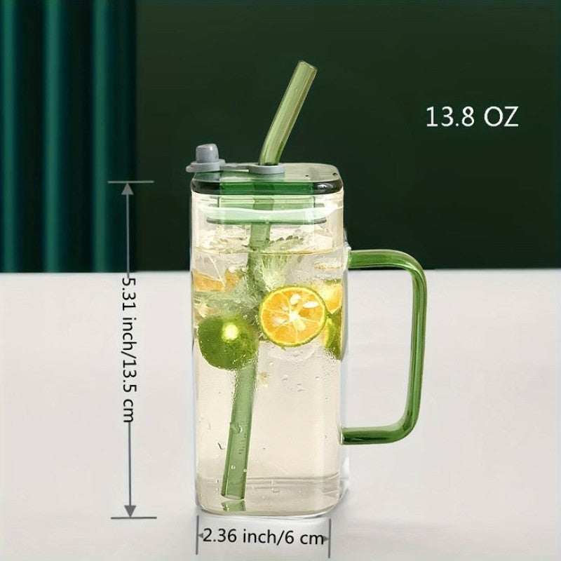 Square Glass Cup With Acrylic Lid and Straw