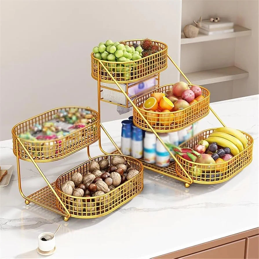 3 Layer Golden Fruit Basket Iron Material