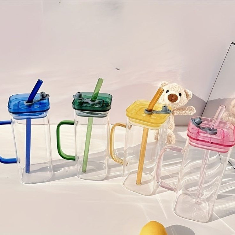 Square Glass Cup With Acrylic Lid and Straw