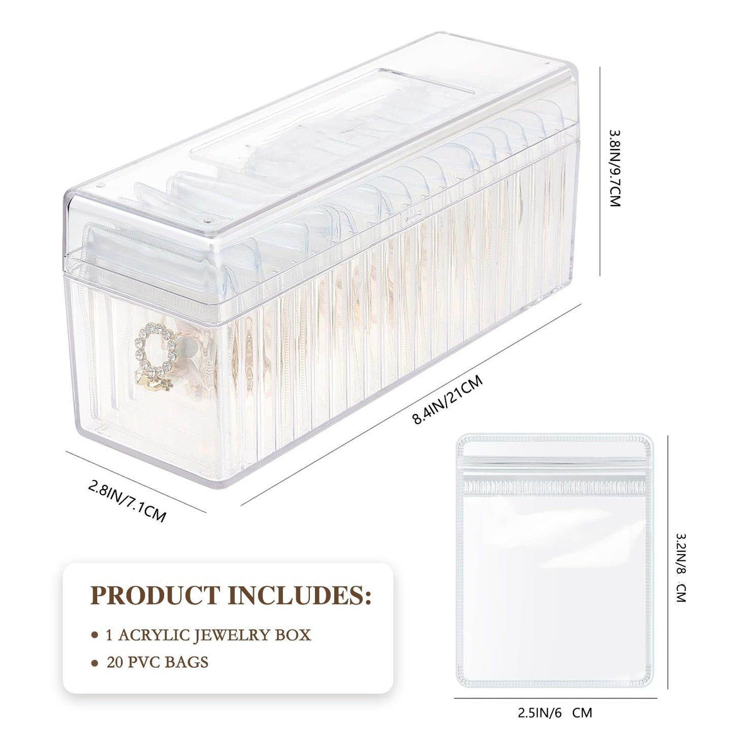 Clear Jewelry Organizer Box with 20 pvc Resealable Zip Bags – Compact Storage Case for Rings, Earrings, Necklaces & Small Accessories