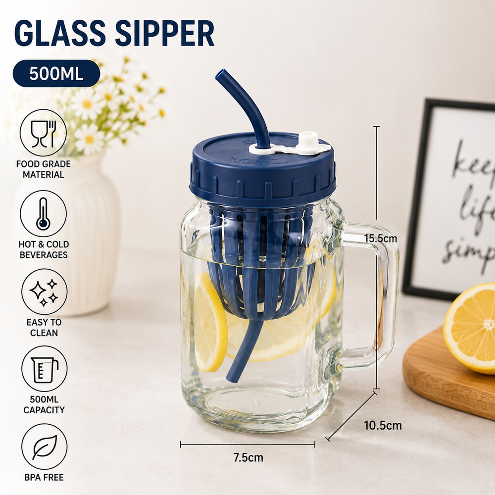 500ml Glass Sipper with Infuser, Leakproof Glass Infuser Mug with Straw