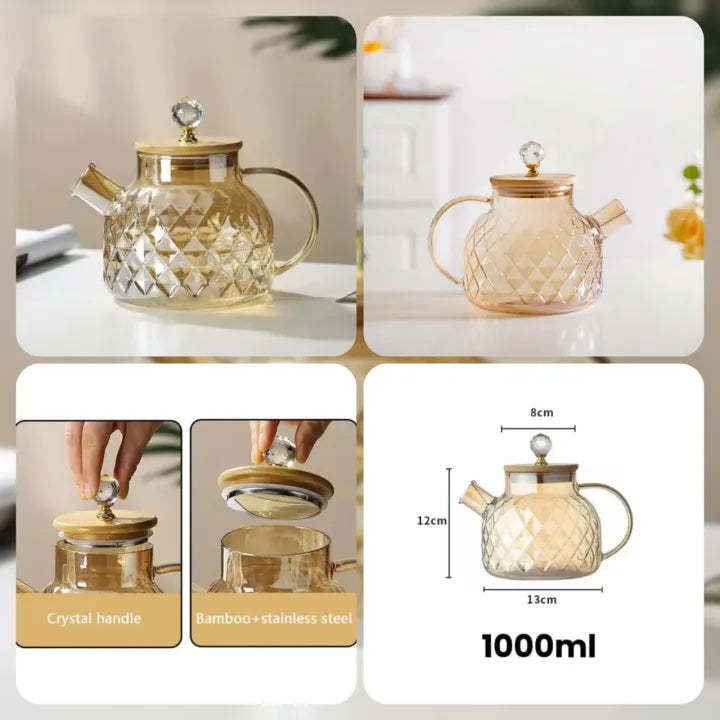 Diamond-Patterned Borosilicate Glass Teapot With Bamboo Lid And Crystal Knob