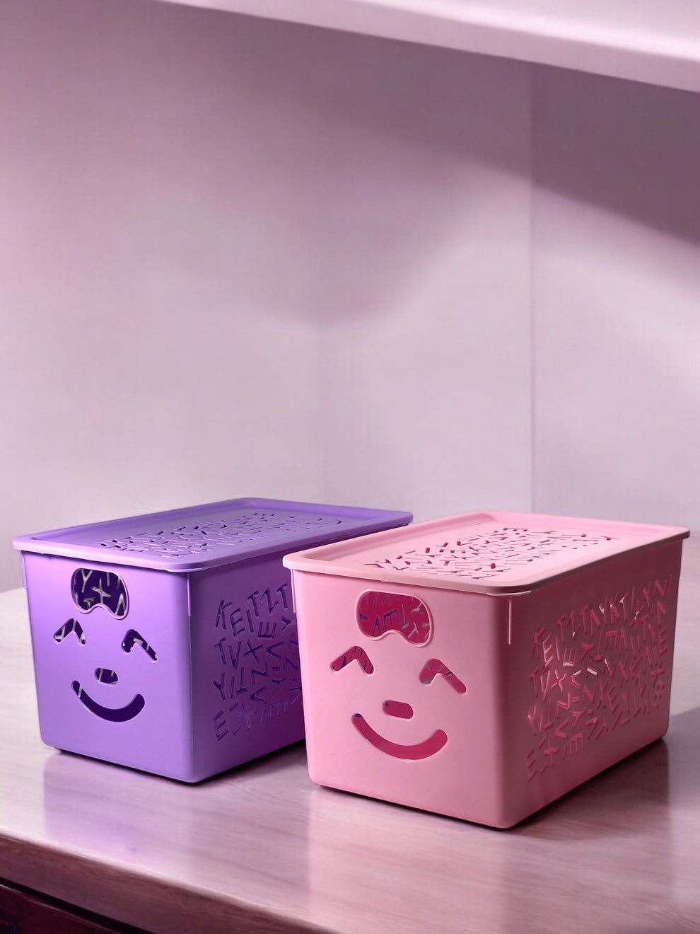 3-Piece Set Of Purple Smiley Toys Storage Baskets With Lids