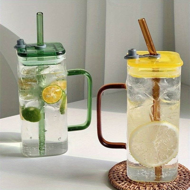 Square Glass Cup With Acrylic Lid and Straw