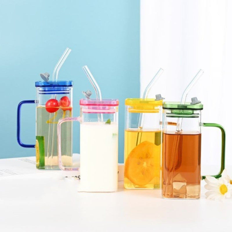 Square Glass Cup With Acrylic Lid and Straw
