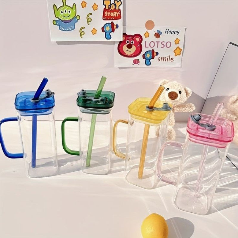 Square Glass Cup With Acrylic Lid and Straw