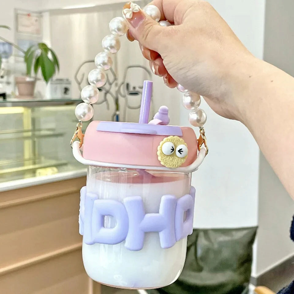 Aesthetic Glass Cup Straw Tumbler Glass Drinking Bottle