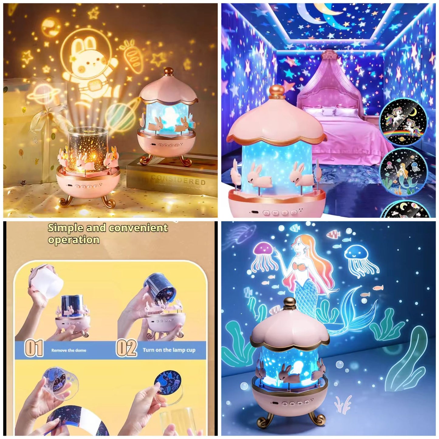 Cute Bunny Carousel Night Lamp - Rotating LED Nursery Light for Kids