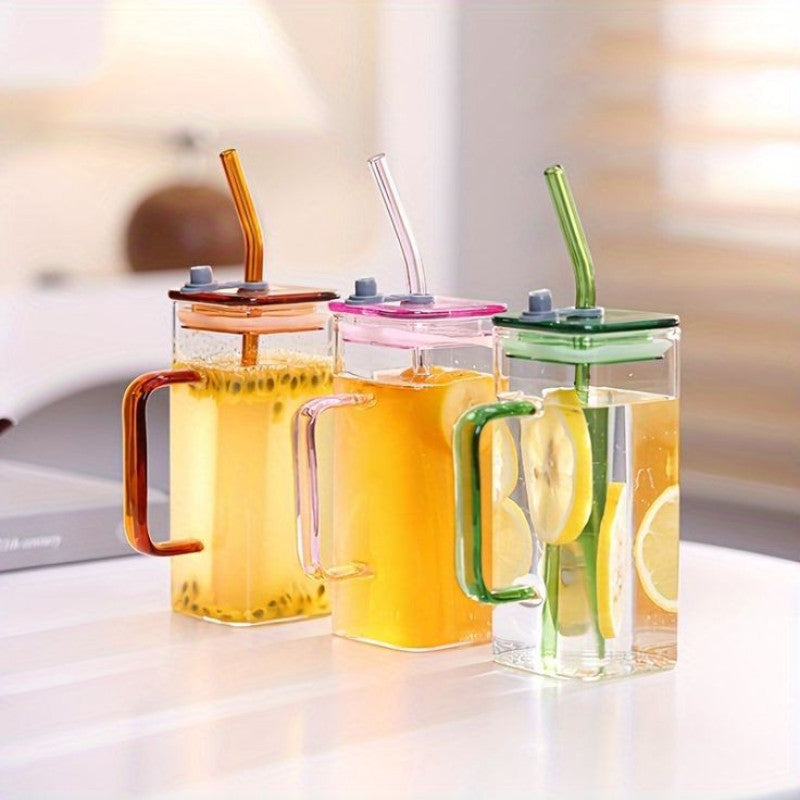Square Glass Cup With Acrylic Lid and Straw