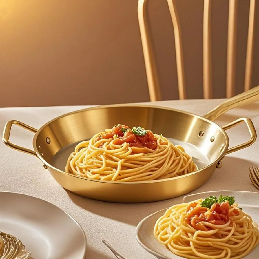 Stainless Steel Golden Serving Tray Round Spanish Seafood Cooking Pan