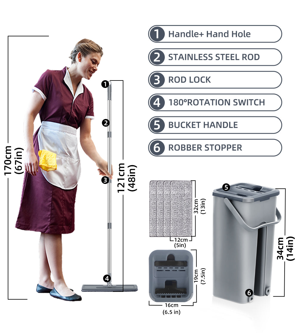 Flat Squeeze Mop And Bucket – Hand-free Wringing Floor Cleaning Mop