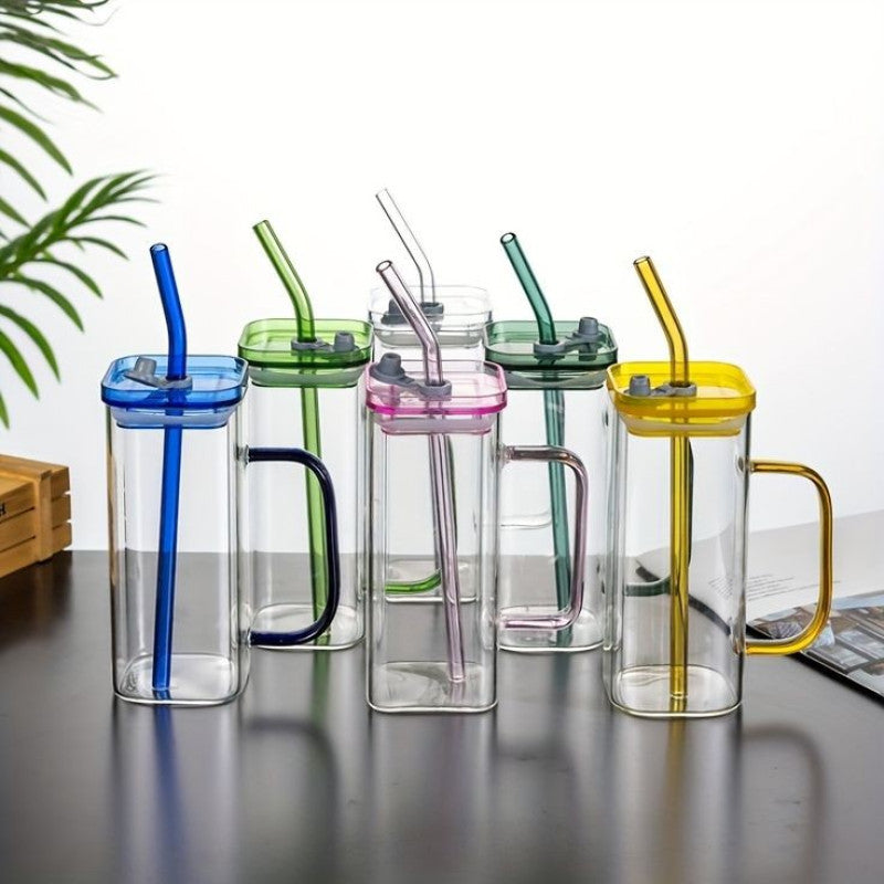 Square Glass Cup With Acrylic Lid and Straw