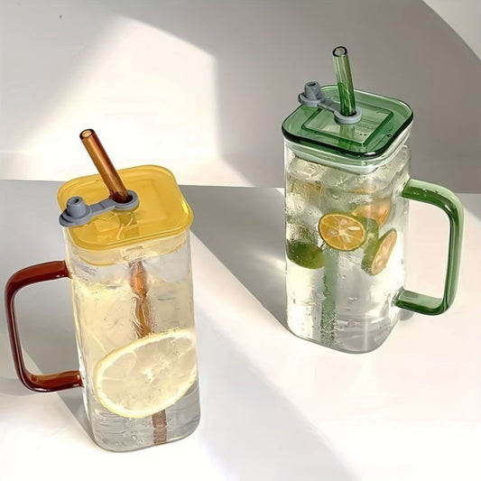 Square Glass Cup With Acrylic Lid and Straw