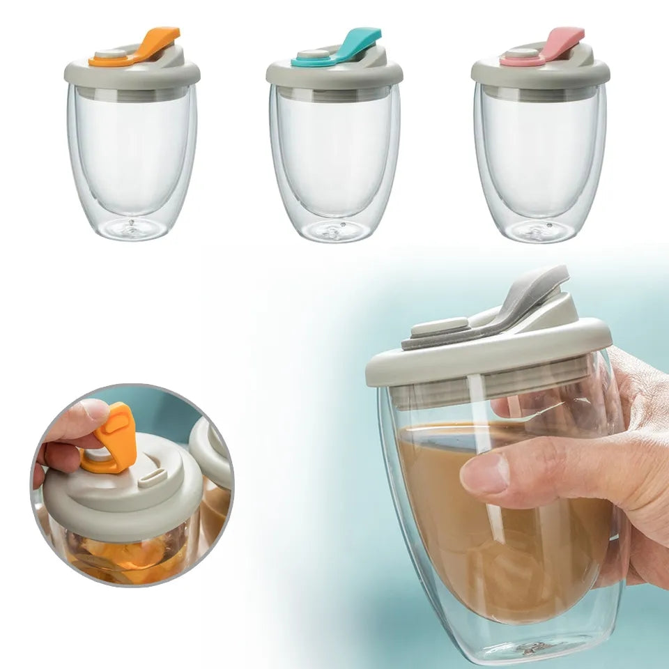 Double Layer Travel Glass Mug With Lid