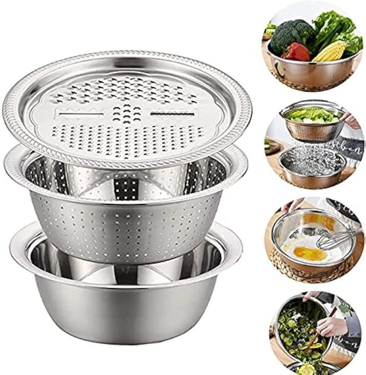 3Pcs Stainless Steel Kitchen Set Colander Slicer Grater