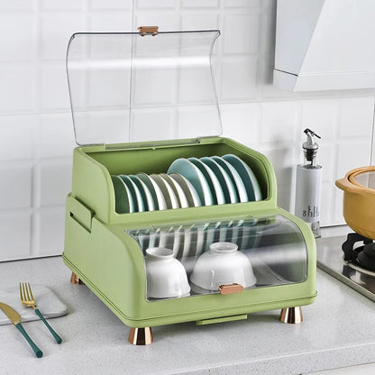 Kitchen Double Layer Dish Rack with Lid