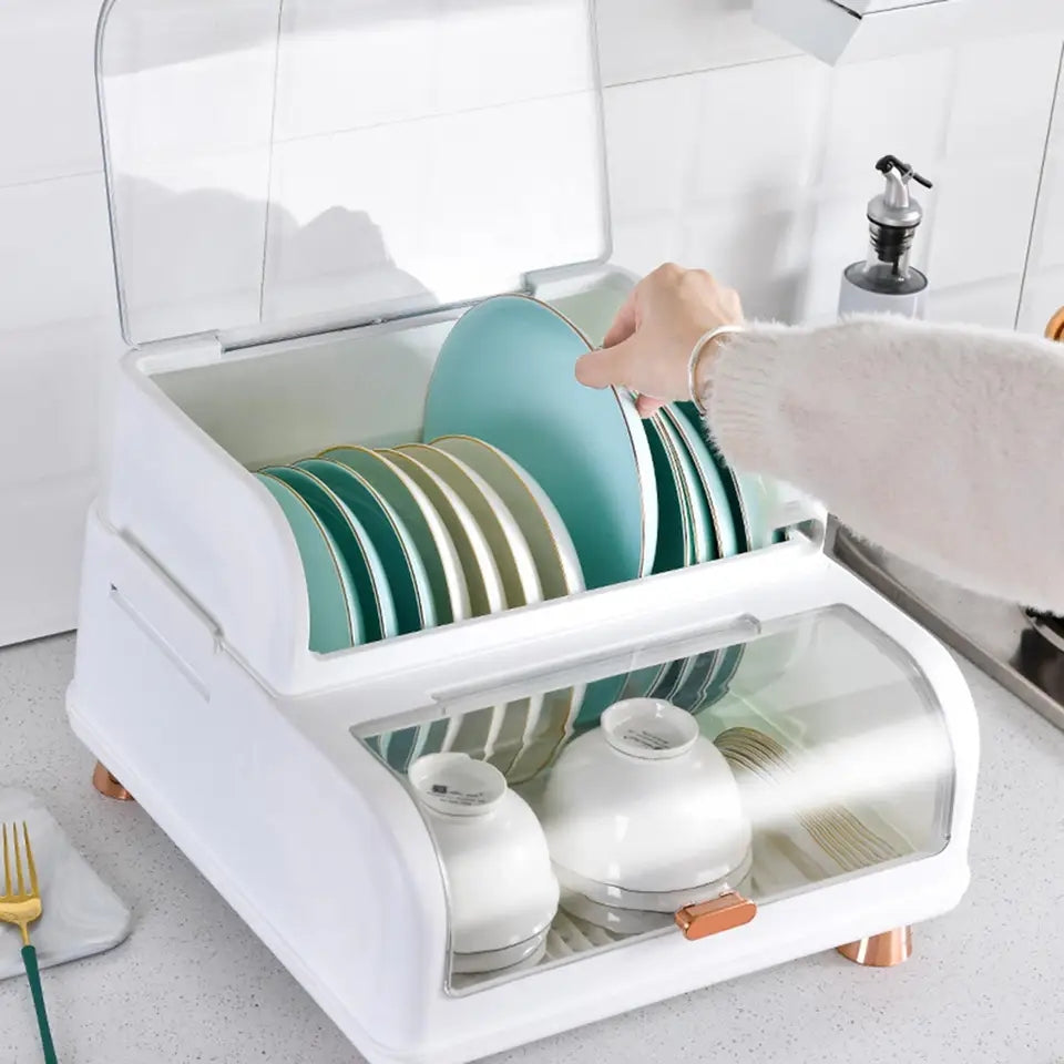 Kitchen Double Layer Dish Rack with Lid