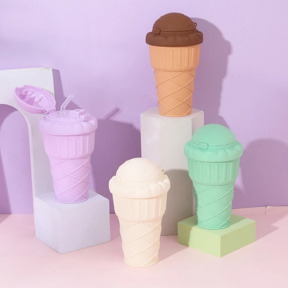 500ml ice cream shape drinking cup with straw