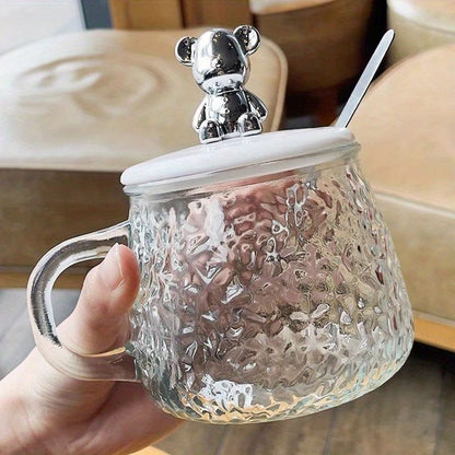 Glass Coffee Mug With Bear Lid And Spoon