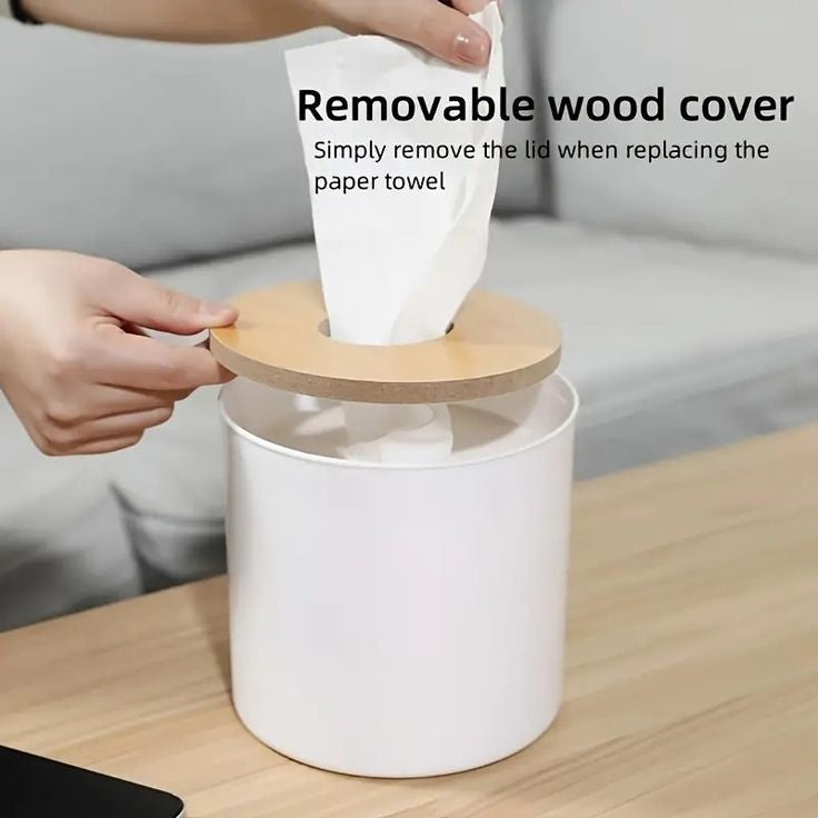 Round Tissue Box With Wooden Lid