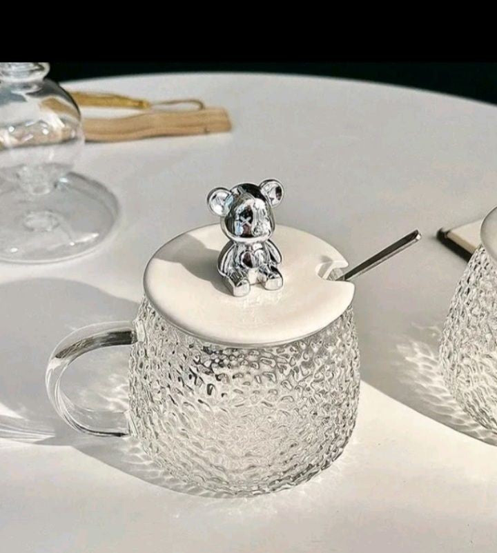 Glass Coffee Mug With Bear Lid And Spoon