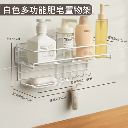 Wall Mounted Shelf With Hooks And Soap Holder