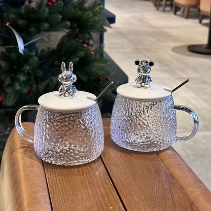 Glass Coffee Mug With Bear Lid And Spoon