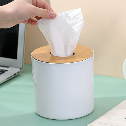 Round Tissue Box With Wooden Lid