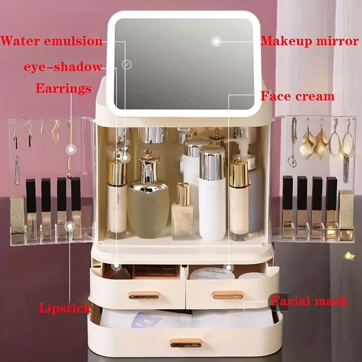 Cosmetics Storage Box With Mirror Led Light