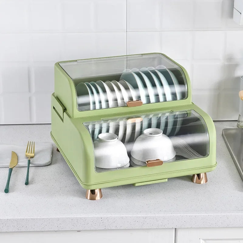 Kitchen Double Layer Dish Rack with Lid