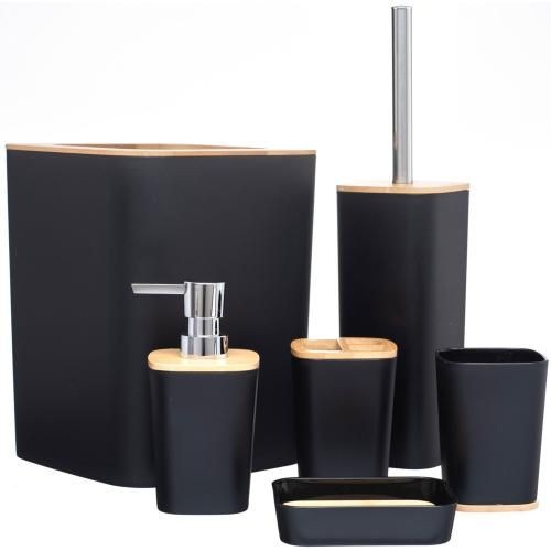 6 Pcs Washroom Set With Wooden Lid Plastic