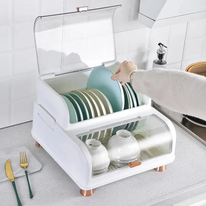 Kitchen Double Layer Dish Rack with Lid