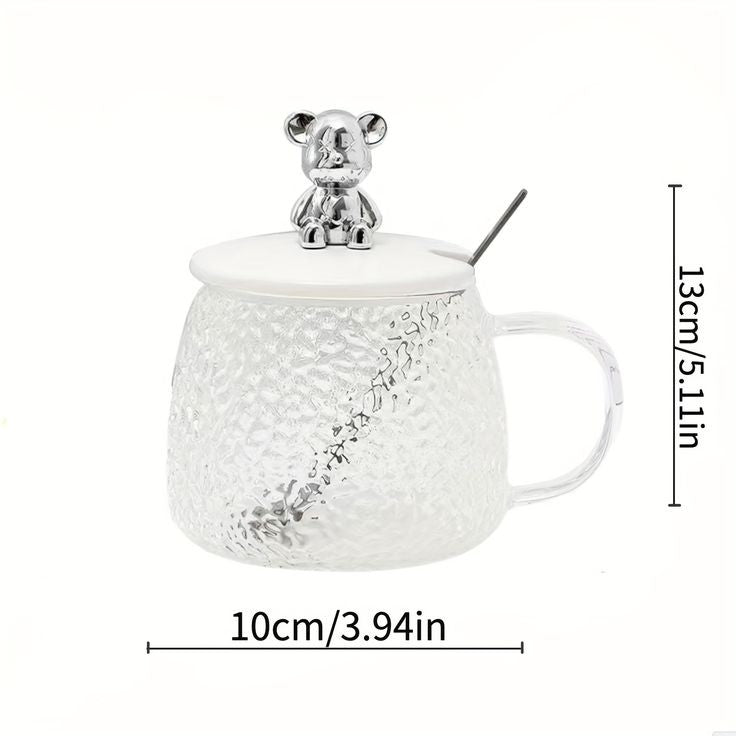 Glass Coffee Mug With Bear Lid And Spoon