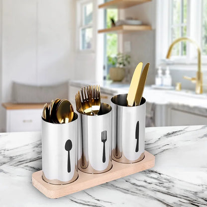 Stainless Steel 3 Portion Cutlery Holder With Tray