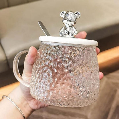 Glass Coffee Mug With Bear Lid And Spoon