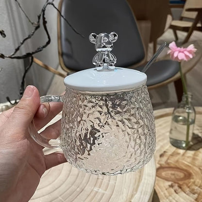 Glass Coffee Mug With Bear Lid And Spoon