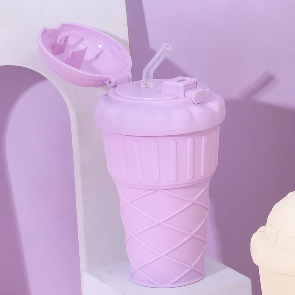 500ml ice cream shape drinking cup with straw