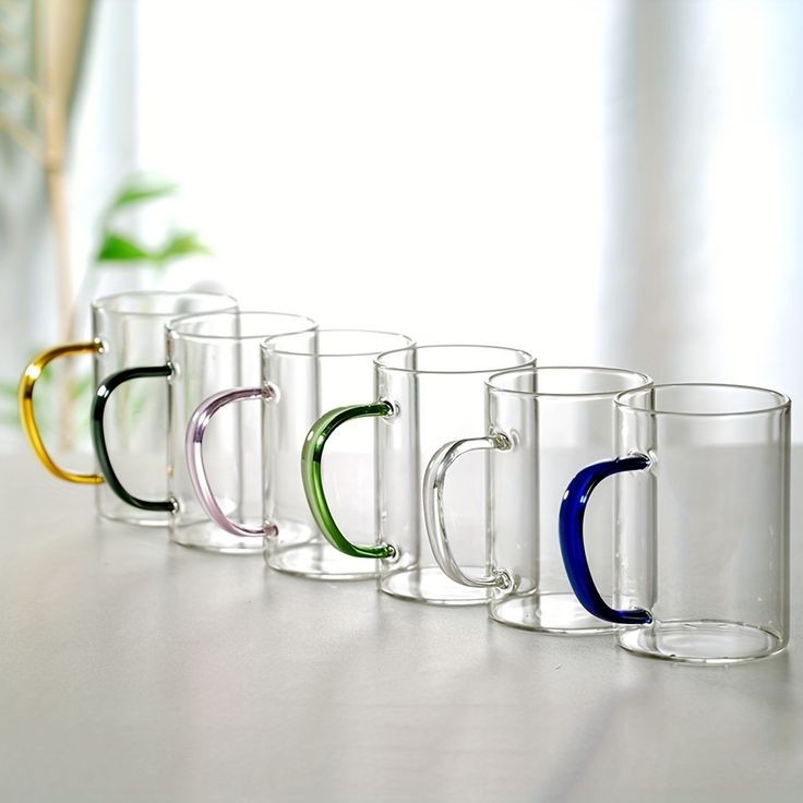 Set of 6 Glass Cups with Multicolor Handles 330 ML