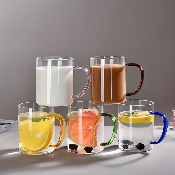 Set of 6 Glass Cups with Multicolor Handles 330 ML