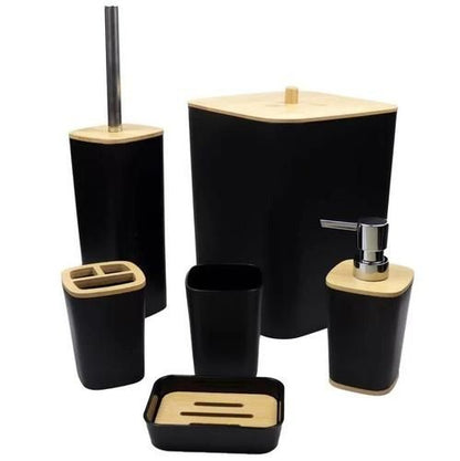 6 Pcs Washroom Set With Wooden Lid Plastic