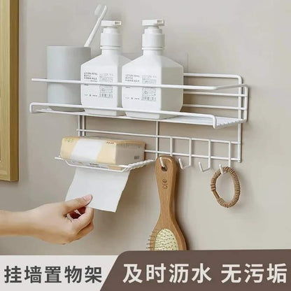 Wall Mounted Shelf With Hooks And Soap Holder