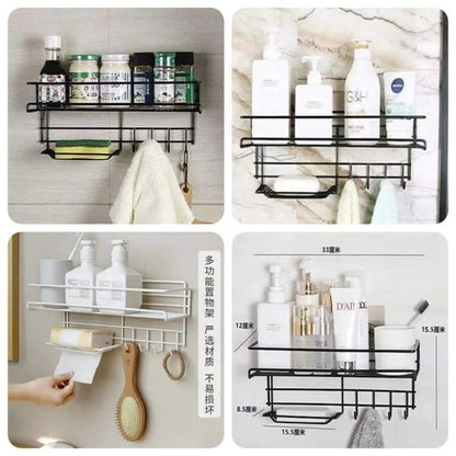 Wall Mounted Shelf With Hooks And Soap Holder