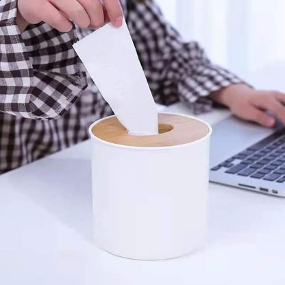 Round Tissue Box With Wooden Lid