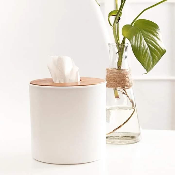 Round Tissue Box With Wooden Lid