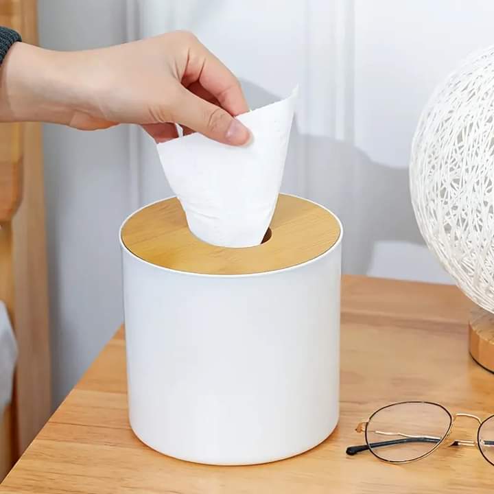 Round Tissue Box With Wooden Lid