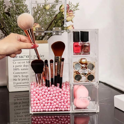 Acrylic Makeup Brush Organizer With Drawer And Pearls