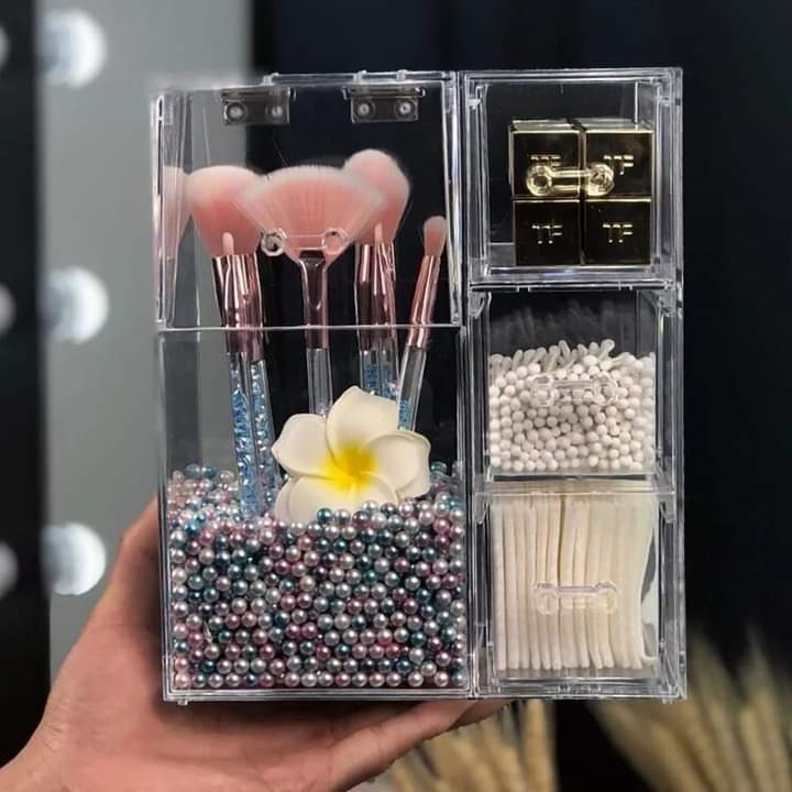 Acrylic Makeup Brush Organizer With Drawer And Pearls