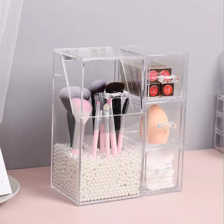 Acrylic Makeup Brush Organizer With Drawer And Pearls